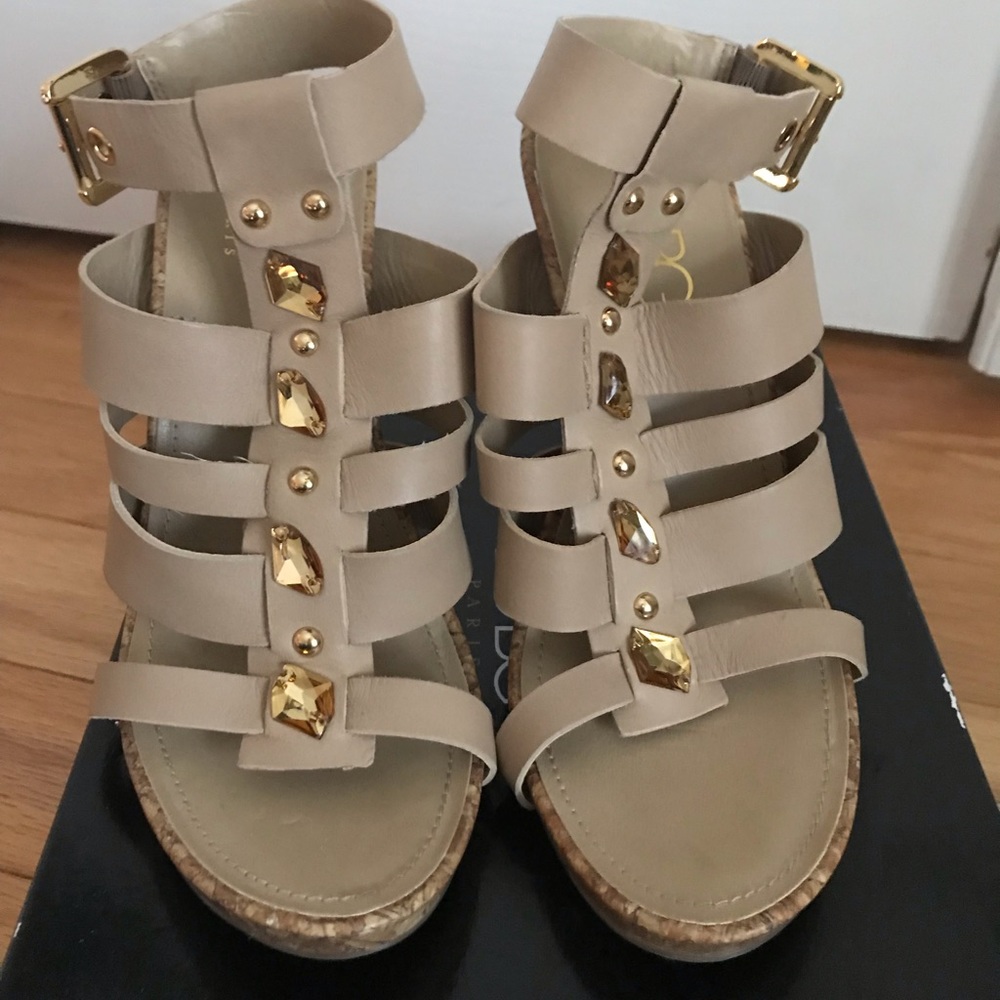 BCBG Paris heeled sandal with rhinestone accents